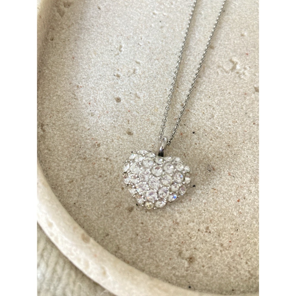 Jostens Silver Tone Crystal Puffy Heart Pendant Necklace Rhinestone Signed